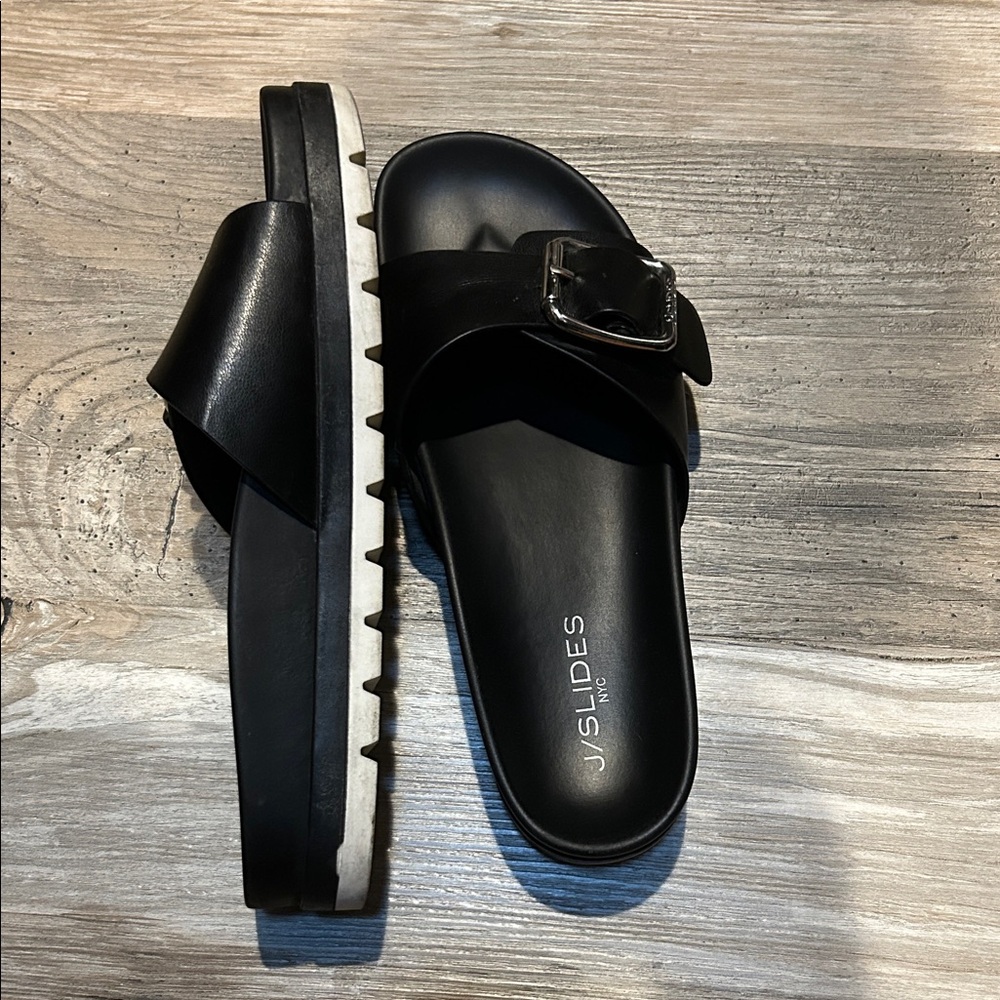 J/SLIDES Black Slide Sandals with Silver Buckle